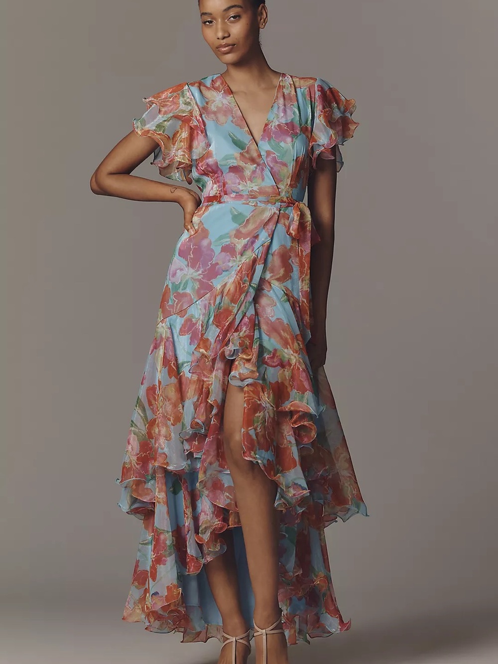 Hutch Floral Ruffle Wrap Maxi Dress in Blue, Coral and Pink